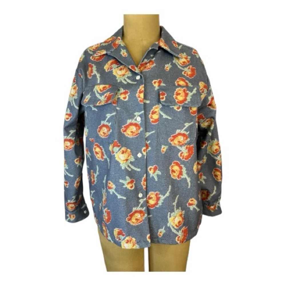 Carleen Cotton Canvas floral Button-Up Shacket in Slate Blue and Coral